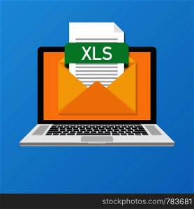 Laptop with envelope and XLS file. Notebook and email with file attachment XLS document. Vector stock illustration.
