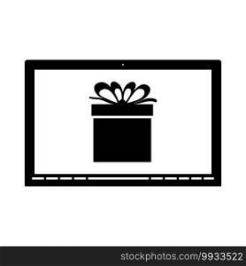 Laptop With Gift Box On Screen Icon. Black Glyph Design. Vector Illustration.