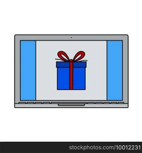 Laptop With Gift Box On Screen Icon. Editable Outline With Color Fill Design. Vector Illustration.