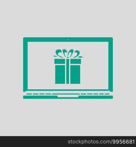 Laptop With Gift Box On Screen Icon. Green on Gray Background. Vector Illustration.