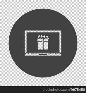 Laptop With Gift Box On Screen Icon. Subtract Stencil Design on Tranparency Grid. Vector Illustration.