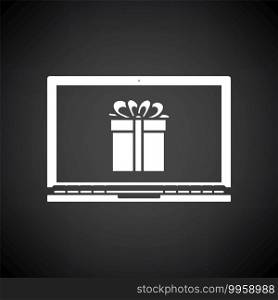 Laptop With Gift Box On Screen Icon. White on Black Background. Vector Illustration.