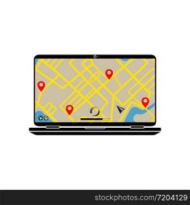Laptop with GPS navigation concept with city map application or map location in flat, pointer, geo pin icon in modern design concept on isolated white background. EPS 10 vector. Laptop with GPS navigation concept with city map application or map location in flat, pointer, geo pin icon in modern design concept on isolated white background. EPS 10 vector.