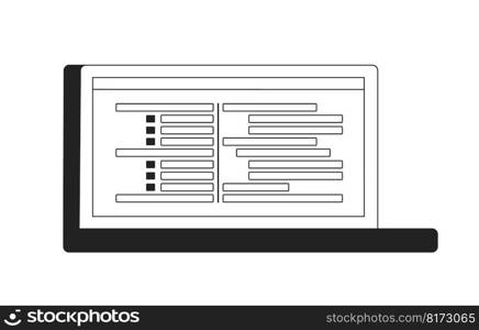 Laptop with horizontal bar charts monochrome flat vector object. Editable black and white icon. Full sized element on white. Simple thin line art spot illustration for web graphic design and animation. Laptop with horizontal bar charts monochrome flat vector object