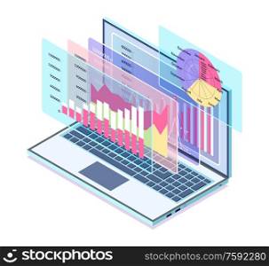 Laptop with information about business project vector. Isolated isometric 3d icon, analysis of info and data. Visual representation shown on monitor. Charts and Infographics on Screen of Laptop 3d