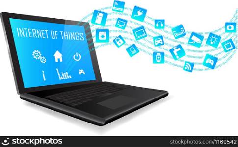 Laptop with Internet of things (IoT) icons connecting together. Internet networking concept. Application coming out from Laptop on white background. Internet of things.