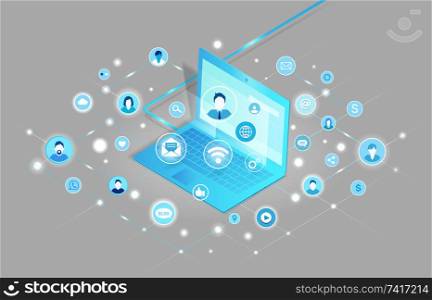 Laptop with isolated icons set. Social network device with screen and keyboard, profile of people, mobile phone and wifi, connection signs vector. Laptop with Isolated Icons Set Vector Illustration