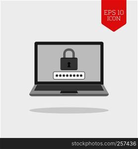 Laptop with lock on screen icon. Computer security concept. Flat design gray color symbol. Modern UI web navigation, sign. Illustration element