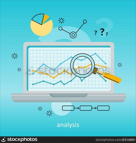 Laptop with Magnifier and Diagram on Screen. Laptop with magnifier and diagram on screen. Laptop with infographics on blue background. Concept of online business, commerce, statistics, information analysis. Business background. Illustration
