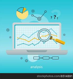 Laptop with Magnifier and Diagram on Screen. Laptop with magnifier and diagram on screen. Laptop with infographics on blue background. Concept of online business, commerce, statistics, information analysis. Business background. Illustration