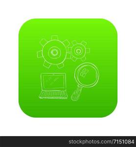 Laptop with magnifier icon green vector isolated on white background. Laptop with magnifier icon green vector