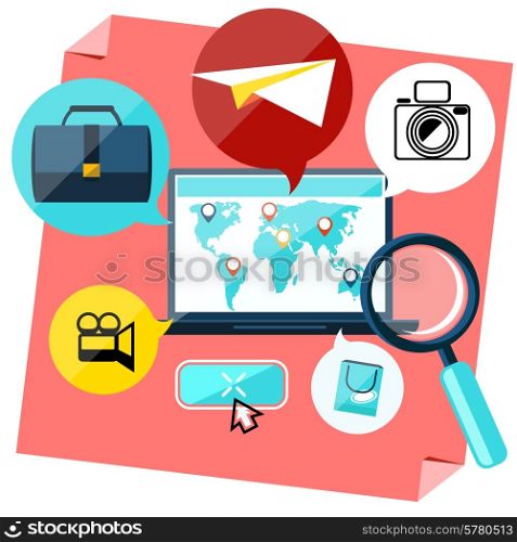 Laptop with map pointers on world map. Digital tablet surrounded symbols of delivery, add to bag, payment methods, savings. Online shopping, e-commerce, delivery, payments