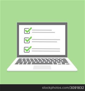 Laptop with online checklist in a flat design. Vector illustration. Laptop with online checklist in a flat design. Vector