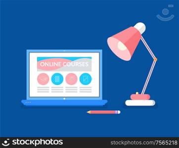 Laptop with online distant courses and lamp with pencil vector. Isolated icon, webinar and study information with assignments and homework for students. Laptop with Online Courses and Lamp with Pencil