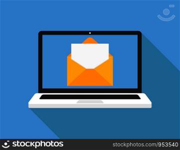 Laptop with opened letter on blue background with shadow. Media concept. New message design in trendy flat style. EPS 10. Laptop with opened letter on blue background with shadow. Media concept. New message design in trendy flat style.