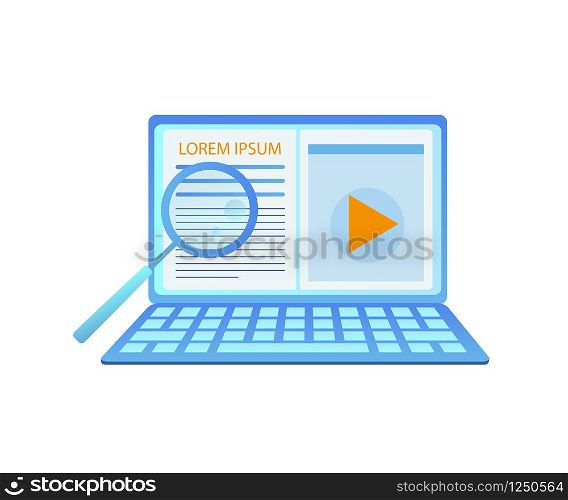 Laptop with Opened Web Page and Recorded Webinar Window, Copy Space. Magnifier. E-learning, Online Education, Information Research, Studying. Flat Vector Illustration Isolated On White Background.. Big Laptop with Opened Web Page and Magnifier