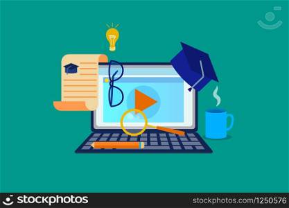 Laptop with Opened Webinar Window. Academic Cap, Magnifier, Glasses, Lightbulb, Diploma, Pencil, Cup Around. E-learning, Online Education. Flat Vector Illustration Isolated On Green Background. Laptop with Opened Webinar Window. Education Stuff