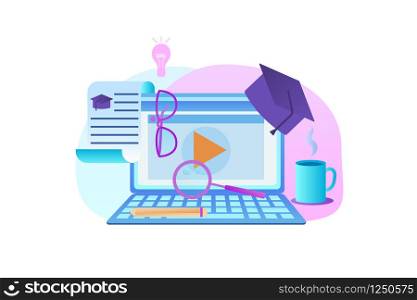 Laptop with Opened Webinar Window. Lightbulb, Graduation Hat, Magnifier, Glasses, Certificate, Pencil, Mug Around. E-learning, Online Education. Flat Vector Illustration Isolated on White Background. Laptop with Open Webinar Window. Online Education