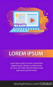 Laptop with Opened Website and Webinar Window. Glasses and Pen Laying on Keyboard. Leaves Around. E-learning, Online Education. Purple Gradient. Flat Vector Illustration. Vertical Banner, Copy Space.. Laptop with Open Website Vertical Gradient Banner