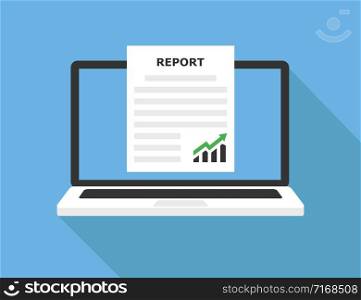 Laptop with paper report. Isolated vector illustration. Flat design. Financial market vector illustration. Graphic vector. Feedback report concept. EPS 10