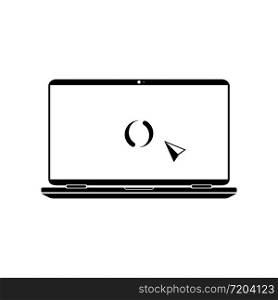 Laptop with pointer and download or mouse cursor icon in black on an isolated white background. EPS 10 vector. Laptop with pointer and download or mouse cursor icon in black on an isolated white background. EPS 10 vector.
