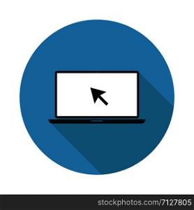 Laptop with pointer on screen on blue circle background with shadow. Laptop icon pointer. Mouse pointer symbol. Cursor icon illustration. Arrow symbol. Cursor click icon vector. EPS 10. Laptop with pointer on screen on blue circle background with shadow. Laptop icon pointer. Mouse pointer symbol. Cursor icon illustration. Arrow symbol. Cursor click icon vector.