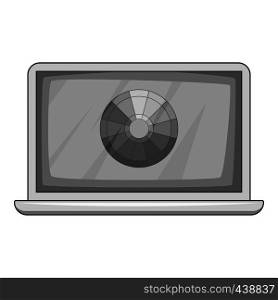 Laptop with printing palette icon in monochrome style isolated on white background vector illustration. Laptop with printing palette icon monochrome