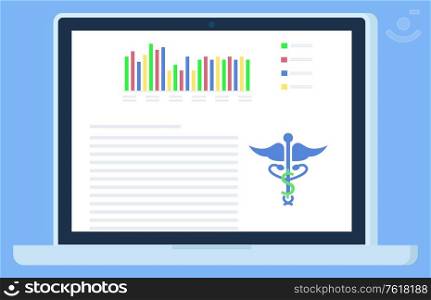 Laptop with screen of document, chart report and caduceus symbol. Wireless device with healthcare app, hospital information, diagnose online vector. Screen of Computer with Medical Document Vector