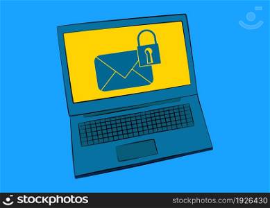 Laptop with Sending encrypted E-Mail protection blue secure mail internet symbol on the screen. Vector cartoon illustration.