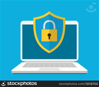 Laptop with shield and lock on table. Computer security concept. Vector illustration in flat style. Laptop with shield and lock on table.