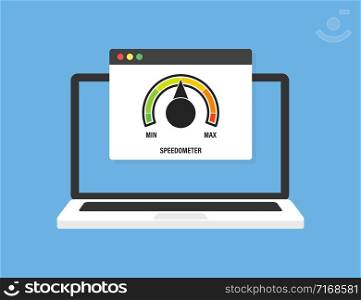 Laptop with speed test on screen, on blue background. Vector illustration. Laptop front view. Download vector graphic illustration. Computer display. High tech screen. EPS 10