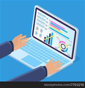 Laptop with statistical or analytical information, male hands on the keyboard. Illustration of business workflow. Data Summary Annual Report. Pie charts and bar charts. Growth of the company.. Laptop and male hands. Analytic data report. Digital presentation layout. Pie and bar charts