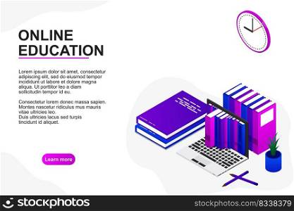 Laptop with the books. Modern online education concept. Home education. College homework. Studying at home with computer. Vector illustration