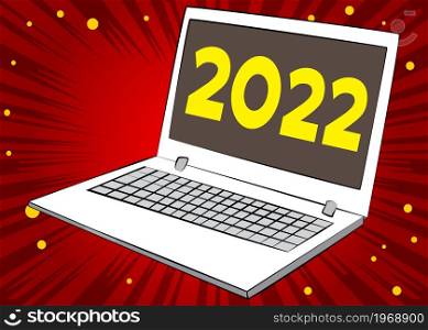 Laptop with the number 2022 on the screen. Vector cartoon illustration. Future business career, New Year goals, goal concept.