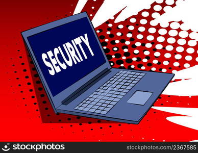 Laptop with the word Security on the screen. Vector cartoon illustration.