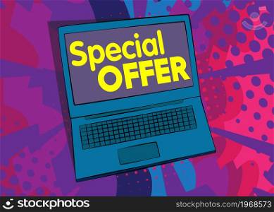 Laptop with the word Special offer on the screen. Vector cartoon illustration. Sale, shopping, shop retail business concept.