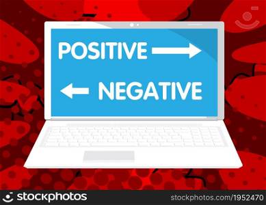 Laptop with the words Negative, positive on the screen. Vector cartoon illustration. Good bad thoughts, attitude business concept.
