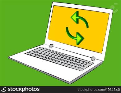 Laptop with Update icon on the screen. Vector cartoon illustration.