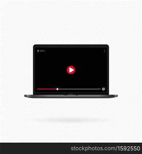 Laptop with video player on screen. Video content, blogging. Social media concept. Mockup video channel. Vector on isolated white background. EPS 10.. Laptop with video player on screen. Video content, blogging. Social media concept. Mockup video channel. Vector on isolated white background. EPS 10
