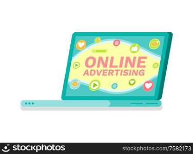 Laptop with website vector, online advertisement isolated icon. Social media communication, like and heart button, promotion and marketing of product. Online Advertising Laptop with Social Media Icon