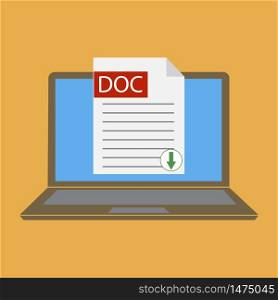 Laptop with word document on screen. Modern laptop on a blue background with a working text document on the screen. Vector illustration. Stock Photo.