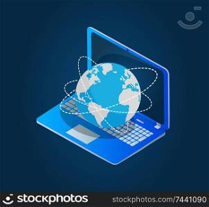 Laptop with world wide web emblem 3d isometric model isolated vector banner. Open tablet with globe surrounded with dotted lines on gadget keyboard. Laptop with World Wide Web Emblem 3d Model Vector