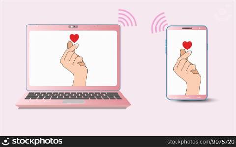 Laptops and Phones with Mini heart. Korean love sign, loving couples. I love you. valentine s day decoration. Korea finger heart sign. Video meeting Online communication. Love in distance concept. 