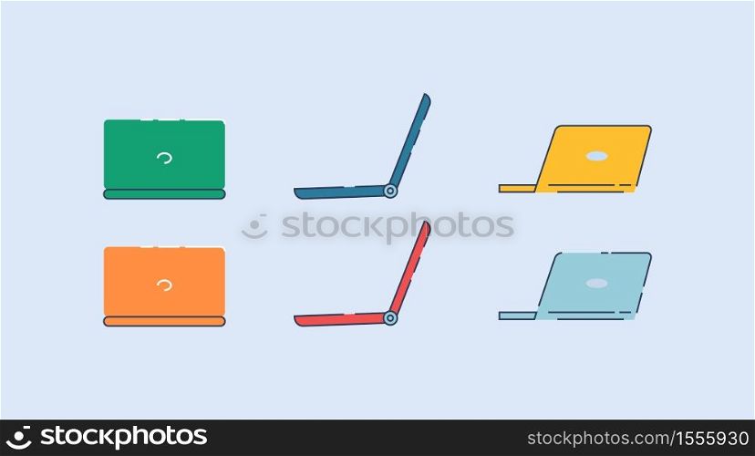 Laptops semi flat RGB color vector illustrations set. Personal portable gadgets for remote work and online education. Notebook computers isolated cartoon objects pack on blue background. Laptops semi flat RGB color vector illustrations set