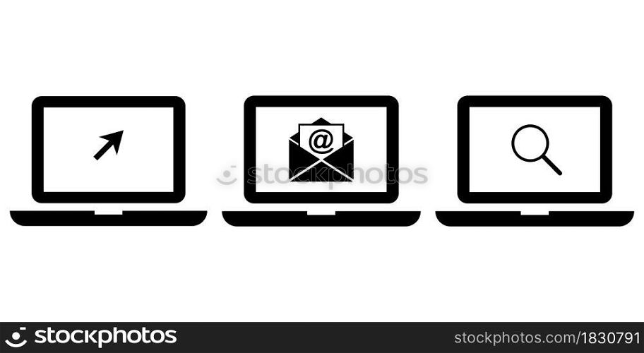 Laptops with cursor, open email and search icon. Computer technology. Smart device. Vector illustration. Stock image. EPS 10.. Laptops with cursor, open email and search icon. Computer technology. Smart device. Vector illustration. Stock image.