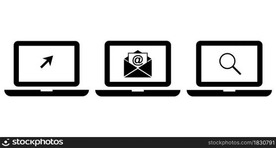 Laptops with cursor, open email and search icon. Computer technology. Smart device. Vector illustration. Stock image. EPS 10.. Laptops with cursor, open email and search icon. Computer technology. Smart device. Vector illustration. Stock image.