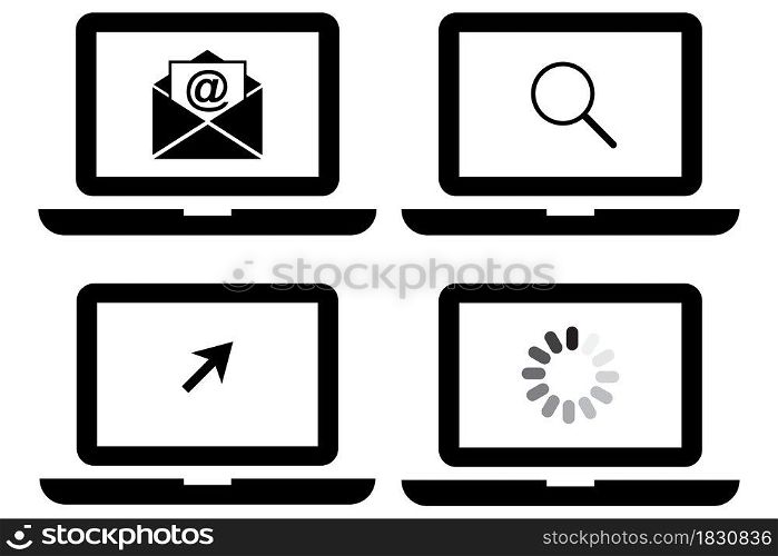 Laptops with cursor, open email, search and loading process icon. Computer technology. Vector illustration. Stock image. EPS 10.. Laptops with cursor, open email, search and loading process icon. Computer technology. Vector illustration. Stock image.