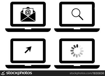 Laptops with cursor, open email, search and loading process icon. Computer technology. Vector illustration. Stock image. EPS 10.. Laptops with cursor, open email, search and loading process icon. Computer technology. Vector illustration. Stock image.