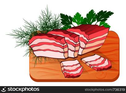 lard with layers of meat on the kitchen board with greens. Made in cartoon flat style