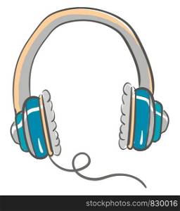 Large blue and grey headphones with cushions on the side with one wire coming out of the right side vector color drawing or illustration